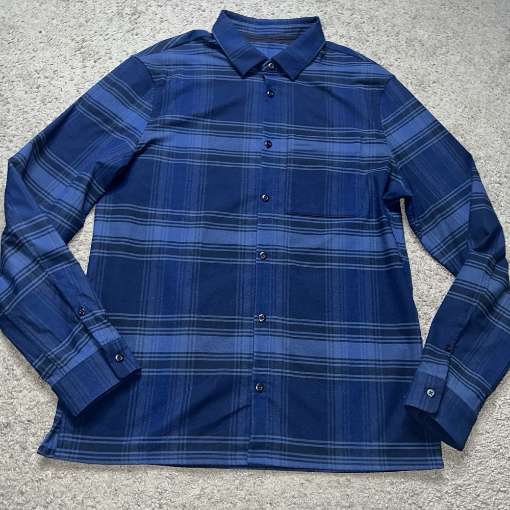 Lululemon Flannel Shirt Men's Medium Soft Knit Overshirt Snap Blue Black Plaid - Picture 2 of 5